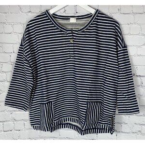 POETRY Womens' Navy Blue White Striped Henley Sweatshirt Size US 12